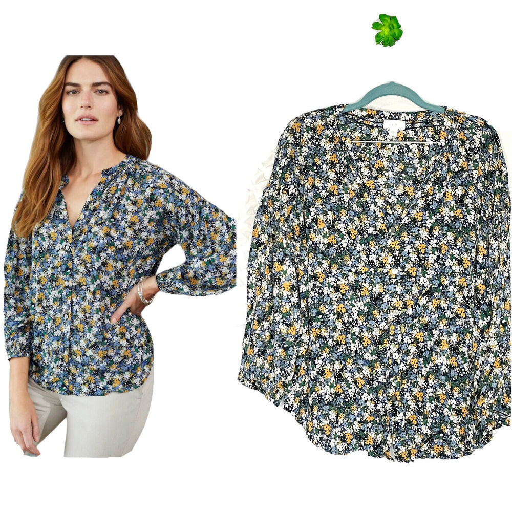J. Jill Smocked Relaxed Rayon Blouse Navy Blue Size 2X Floral Button Front